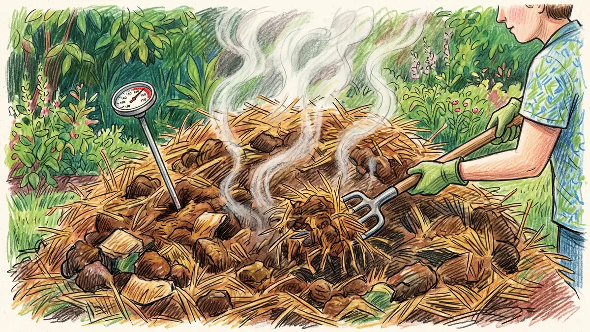 Steaming hot compost pile of horse manure and straw bedding with a compost thermometer and pitchfork in a backyard