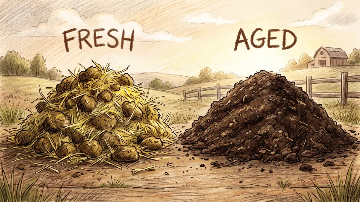 Side-by-side comparison of a fresh strawy horse manure pile and a dark, crumbly finished horse manure compost pile