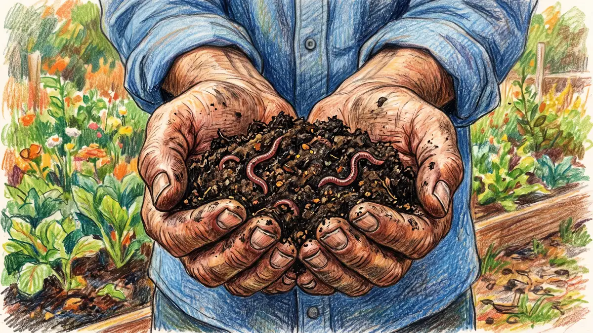 Close-up of dark, crumbly finished horse manure compost held in two hands, with earthworms visible