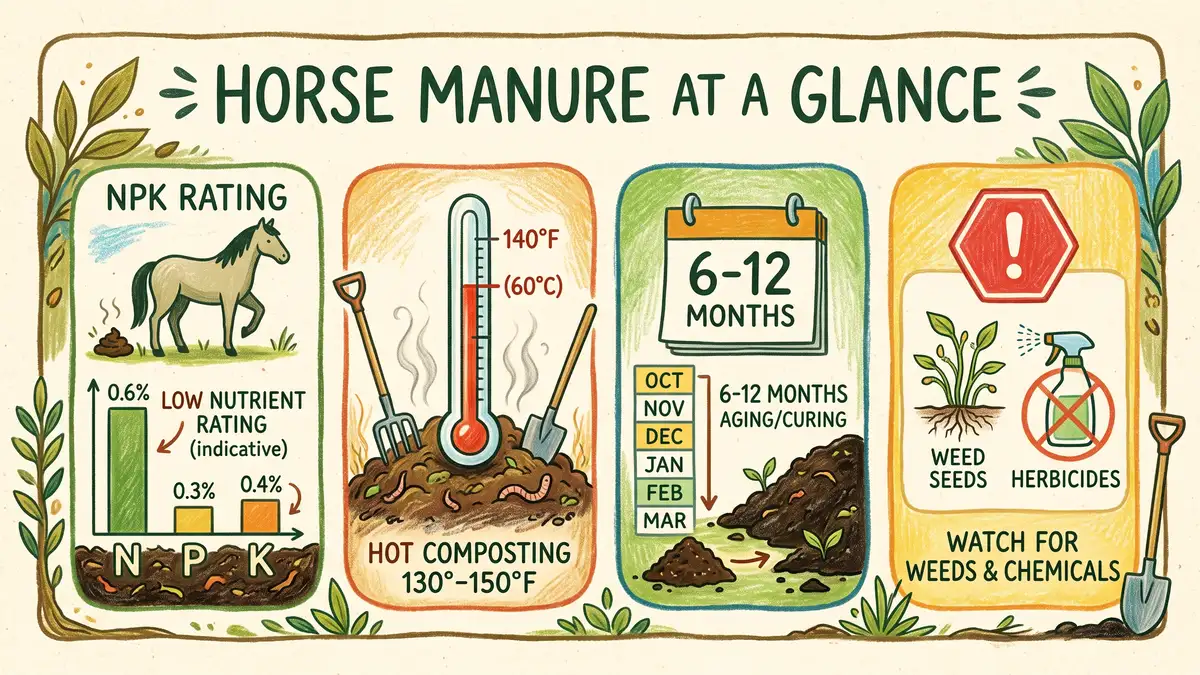 Infographic summarizing horse manure at a glance: low NPK, compost temperature, aging time, and weed seed and herbicide warnings