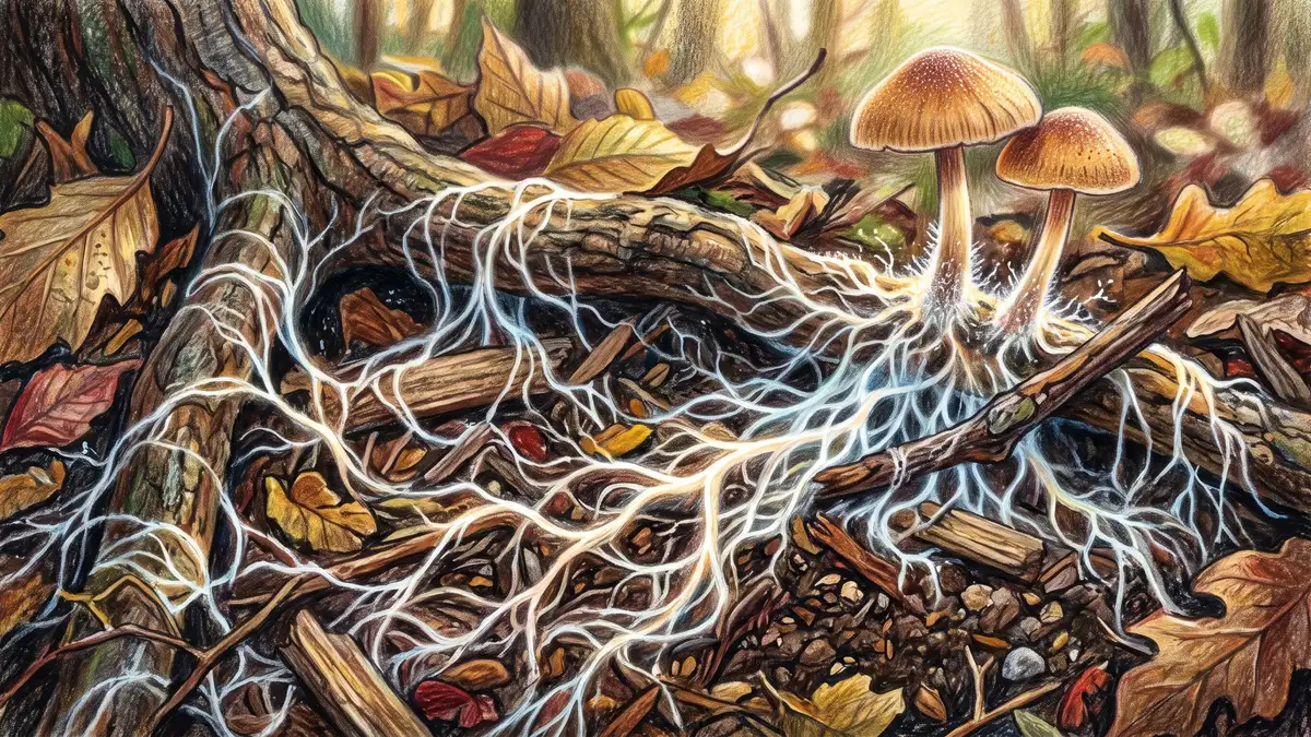 A close view of white fungal mycelium threads weaving through wood chips and leaf litter around a tree root in forest soil