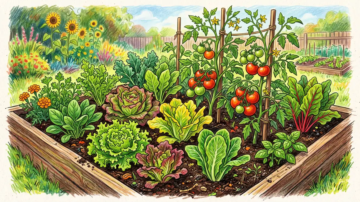 A thriving annual vegetable bed of lettuce, tomatoes, and greens growing in dark, crumbly, bacteria-rich soil