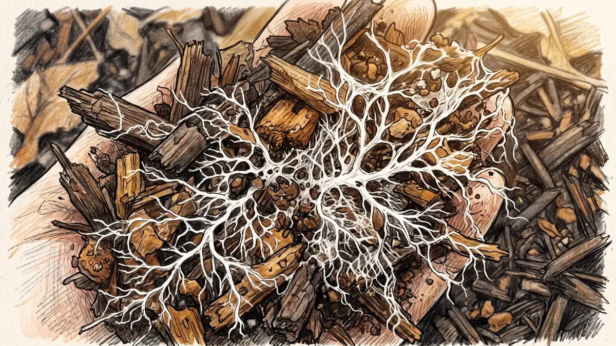 Extreme close-up of white fungal mycelium branching through dark wood-chip mulch and compost