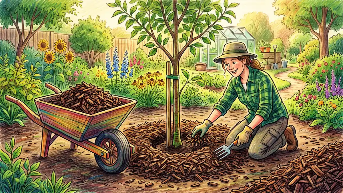 A gardener spreading wood-chip mulch around a young fruit tree to feed soil fungi