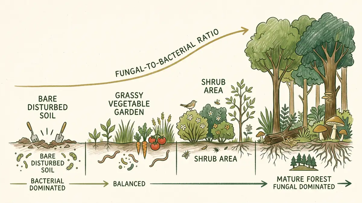 Infographic showing the fungal-to-bacterial ratio rising from bare bacterial soil through vegetable gardens to fungal forest soil