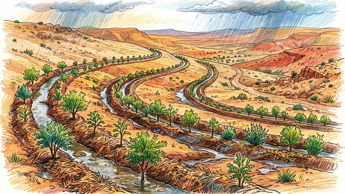 Contour swales cut across a dry desert slope, mulched and planted with young trees, catching rare desert rainwater