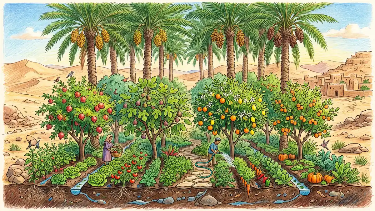 Cross-section of a date palm oasis with tall date palms shading fig, pomegranate, and citrus trees over ground-level vegetables