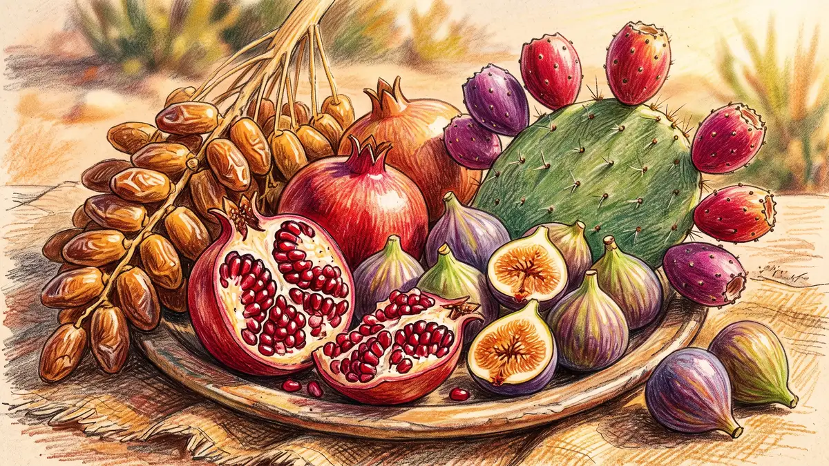 A close-up harvest of drought-adapted desert foods: split pomegranates, fresh figs, dates, and prickly pear fruit