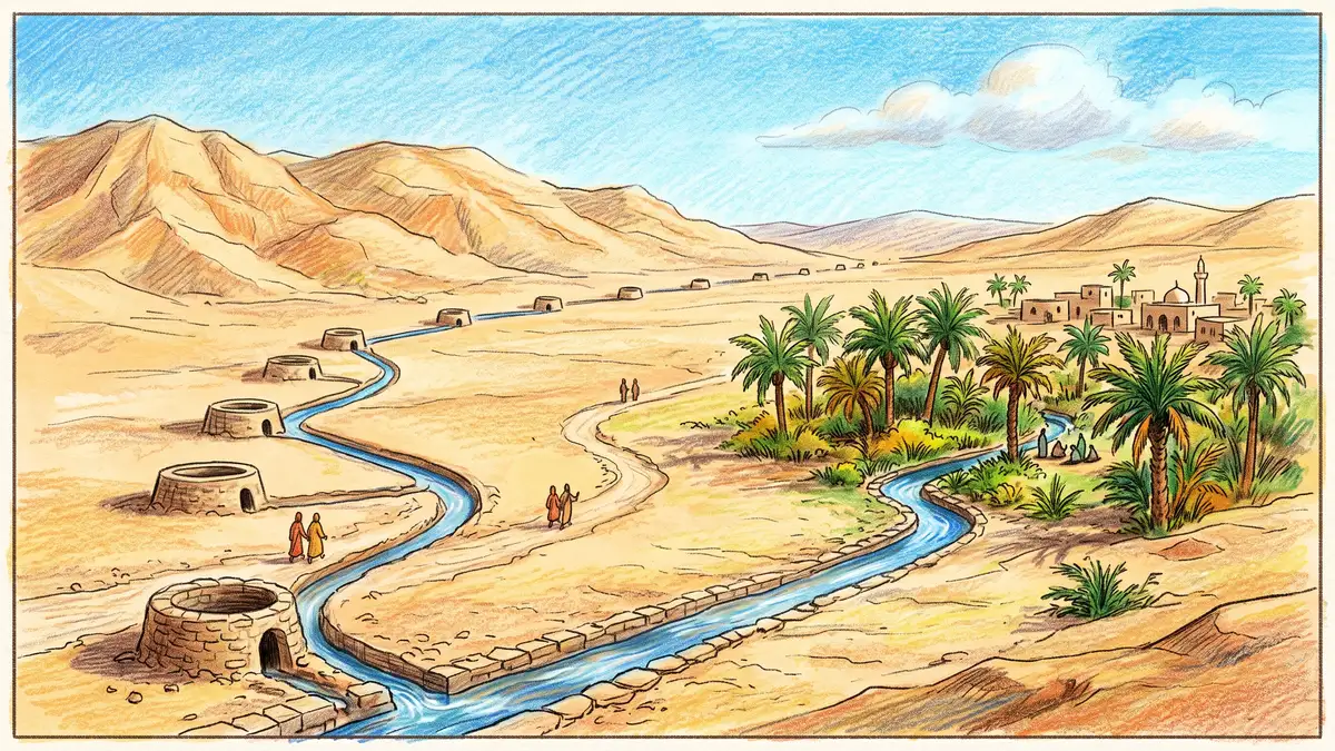 An ancient qanat channel carrying water underground from distant hills to a desert palm grove, with a line of vertical access shafts