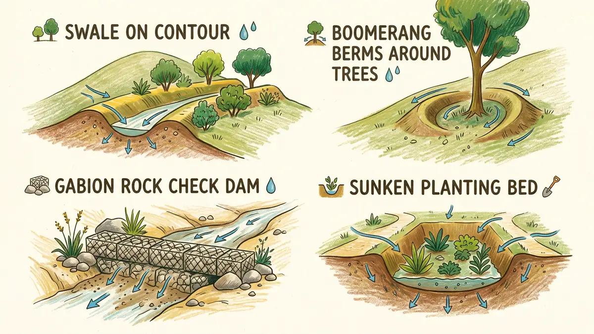Infographic of desert water-harvesting earthworks: a contour swale, a half-moon berm, a gabion check dam, and a sunken planting bed