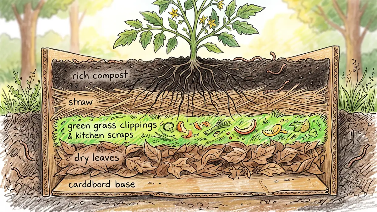 Cross-section of a finished lasagna garden bed showing cardboard base, alternating brown and green layers, and compost top with plant roots