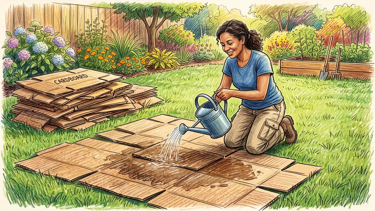 A gardener laying overlapping flattened cardboard over a grassy lawn and watering it down to start a no-dig lasagna garden bed