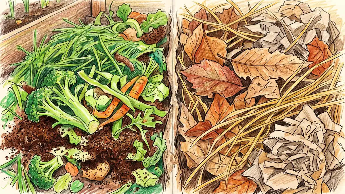 Green nitrogen-rich materials like grass clippings and kitchen scraps beside brown carbon-rich materials like dry leaves and straw