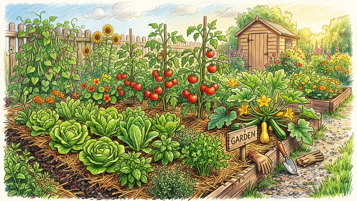 A lush planted vegetable bed of lettuce, tomatoes, and herbs growing in the dark rich soil of a finished lasagna garden