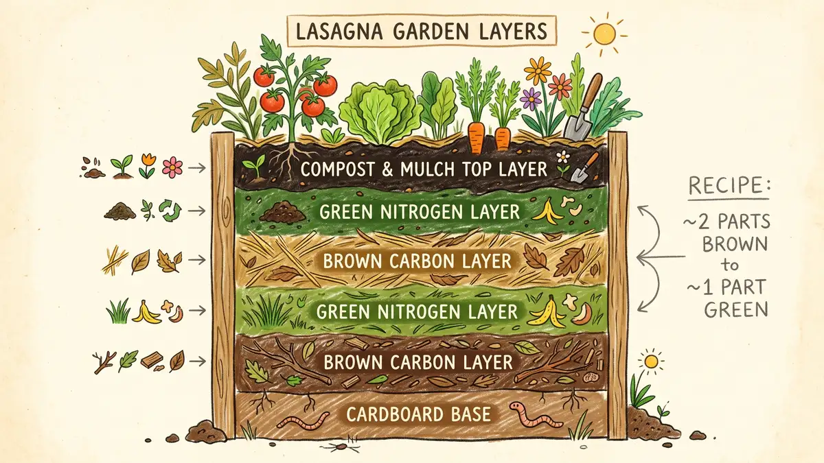 Infographic of a lasagna garden layer stack from cardboard base up through alternating brown and green layers to a compost top