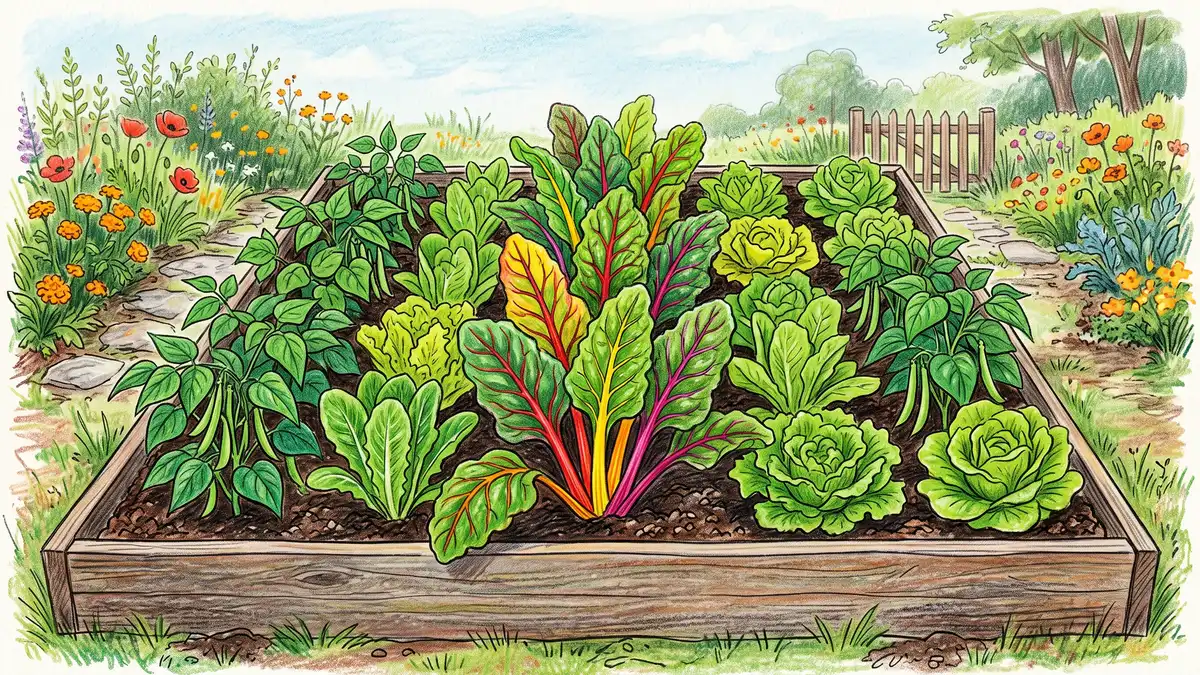 Raised garden bed with rainbow Swiss chard interplanted with bush beans and green lettuce showing companion planting layout