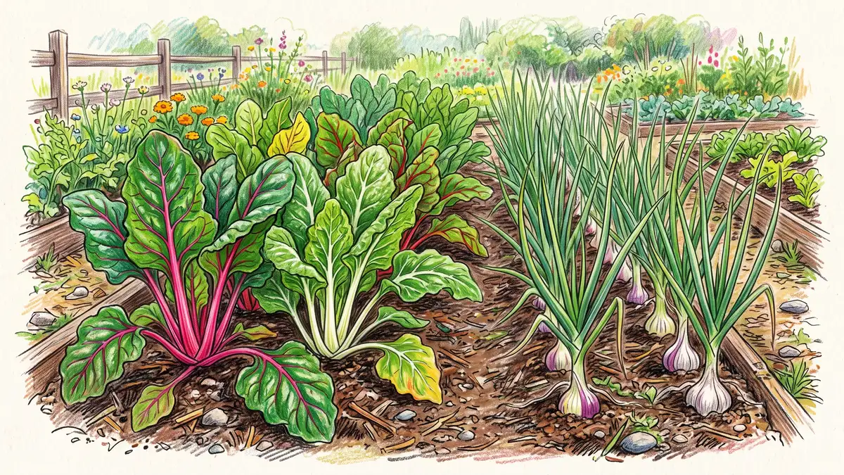 Swiss chard growing beside a row of onions and garlic demonstrating pest-deterrent allium companion planting in a vegetable garden