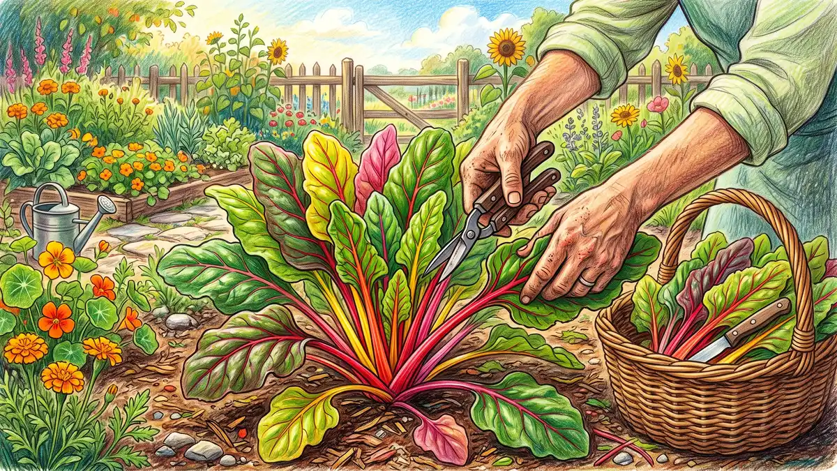 Gardener's hands harvesting outer Swiss chard leaves using the cut-and-come-again method while leaving the central crown intact