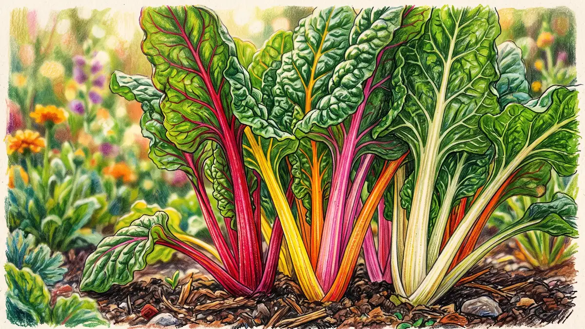 Close-up of colorful rainbow Swiss chard stems in red, yellow, orange, pink, and white with deep green crinkled leaves