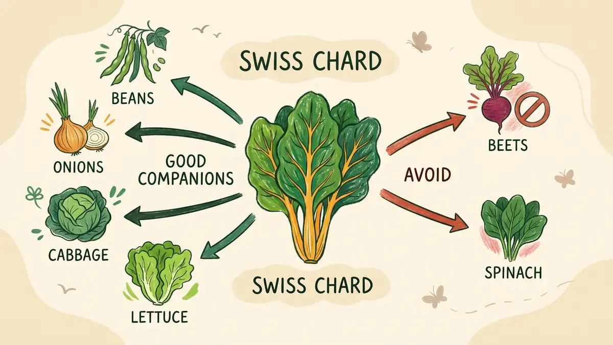 Infographic showing Swiss chard companion planting with good companions like beans onions cabbage lettuce and plants to avoid like beets and spinach