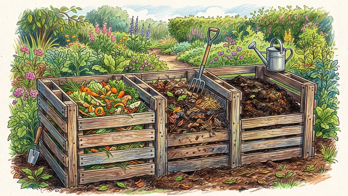 A three-pallet wooden compost bin built from reclaimed shipping pallets filled with layered browns and greens in a backyard garden