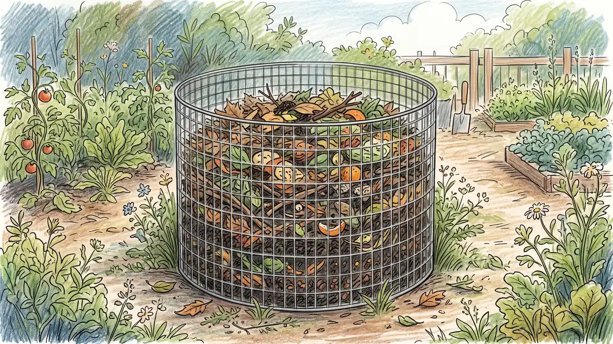 A cylindrical wire-mesh hardware cloth hoop compost bin about three feet wide filled with garden leaves and kitchen scraps decomposing