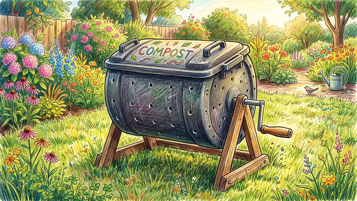 A plastic trash can converted into a DIY compost tumbler with ventilation holes drilled around the sides and lid sitting on grass