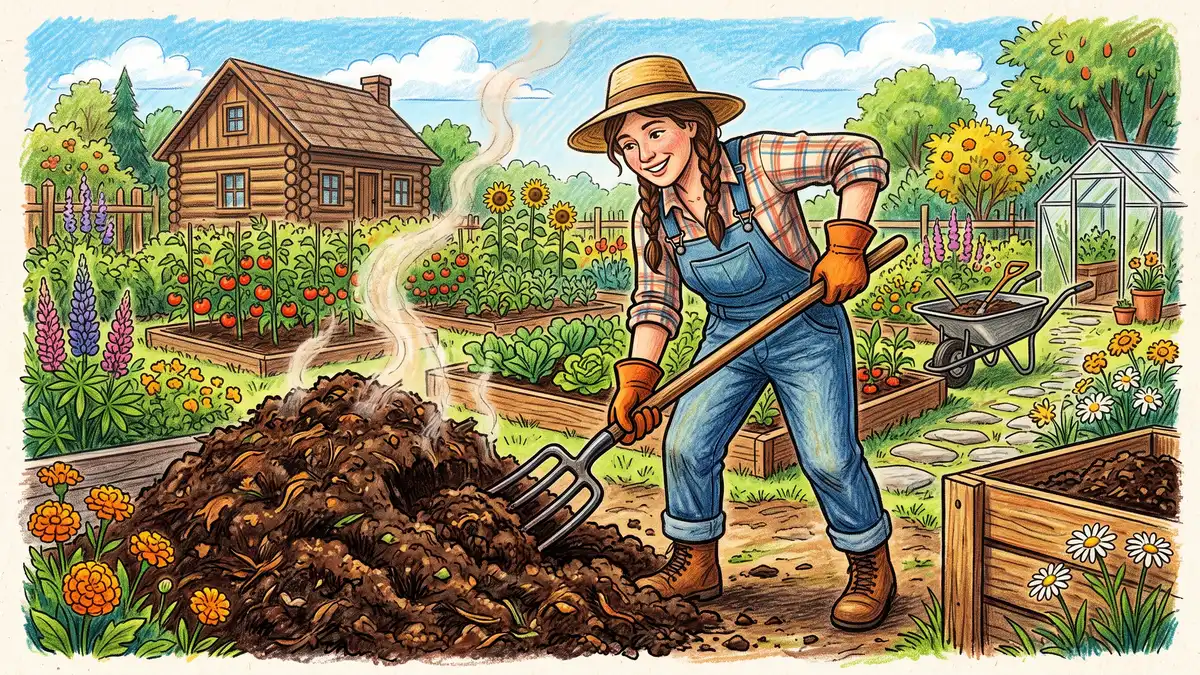 A gardener turning a heap of dark crumbly finished compost with a pitchfork in a sunny homestead garden