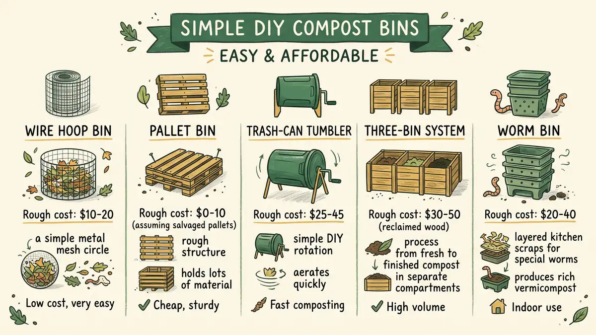 Infographic comparing five DIY compost bin builds: wire hoop, pallet bin, trash-can tumbler, three-bin system, and worm bin, each under fifty dollars