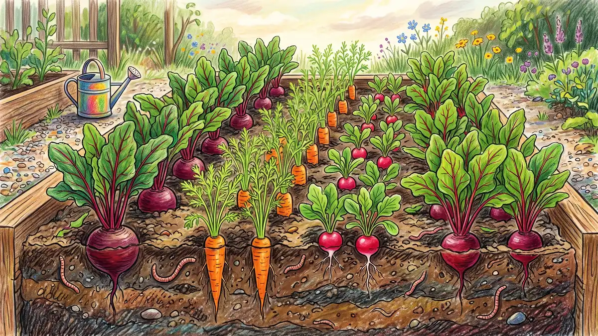 Rows of beets interplanted with carrots and radishes in a garden bed showing a productive root-crop combination