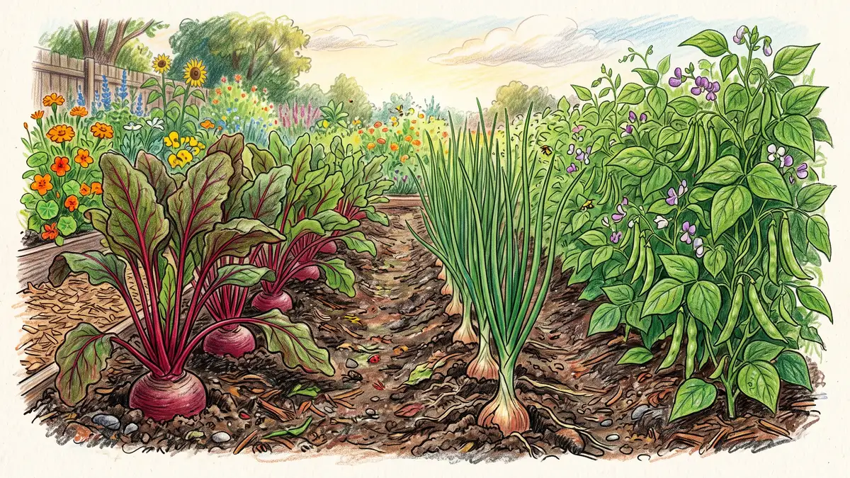 Beets growing alongside a row of onions and bush beans in a vegetable garden illustrating nitrogen-fixing and pest-deterrent companions