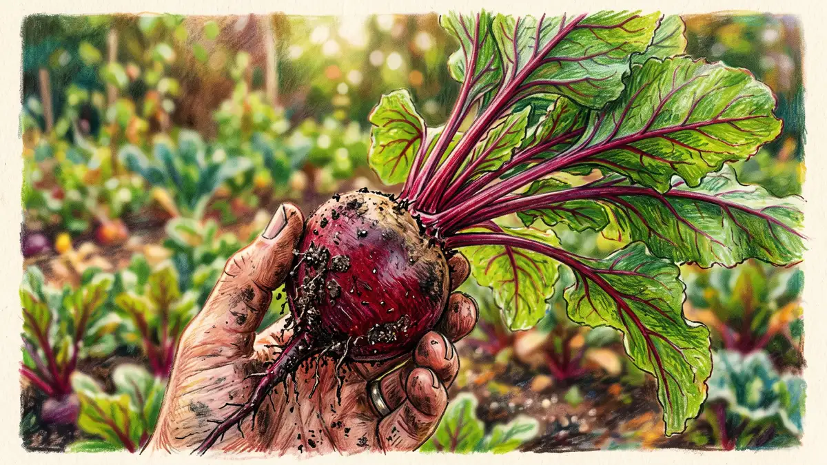 Close-up of a freshly pulled deep-red beet root with soil clinging to it and lush red-veined green leaves attached