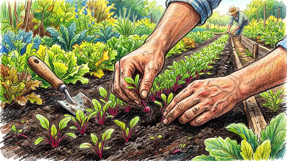Gardener's hands thinning young red-stemmed beet seedlings in a row in dark garden soil