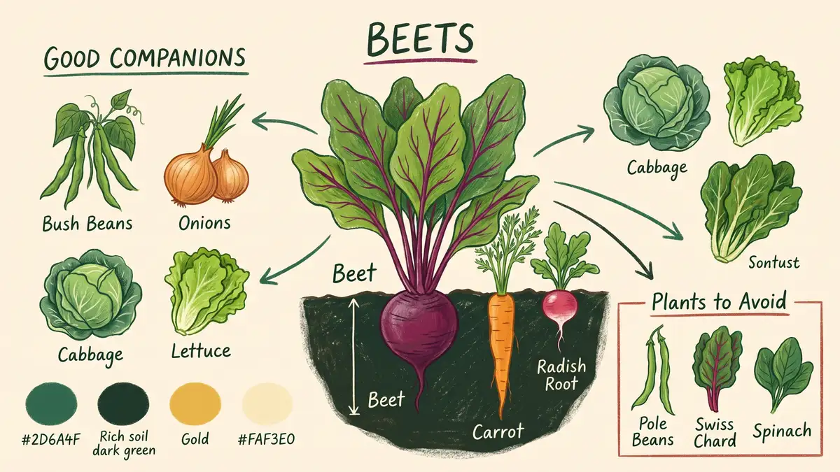 Infographic of beet companion planting showing good companions like bush beans, onions, cabbage, and lettuce and plants to avoid like pole beans, chard, and spinach