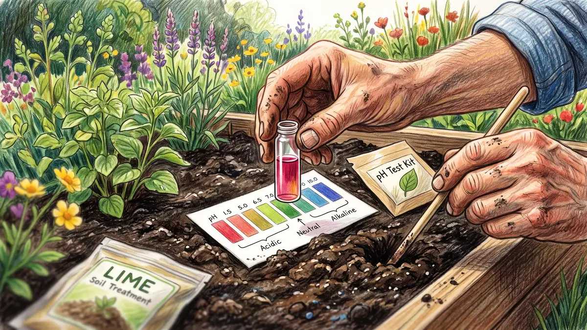 A gardener using a soil pH test kit with a vial of colored liquid beside a garden bed to check acidity before adding lime