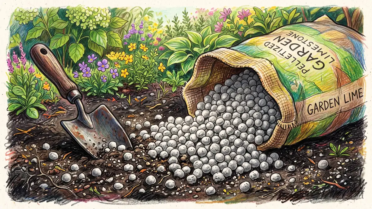 A bag of pelletized garden limestone tipped open with round gray-white lime pellets spilling out beside a garden trowel