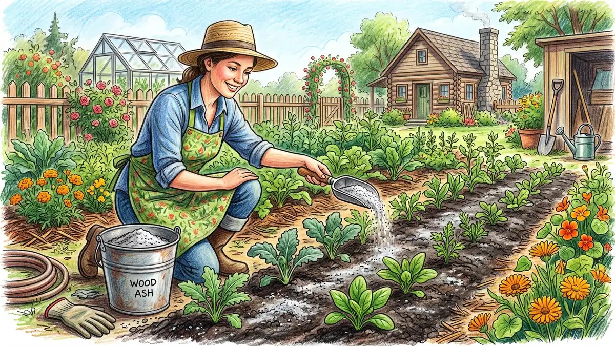 A gardener scooping pale gray wood ash from a metal bucket to sprinkle lightly on garden soil as a lime alternative