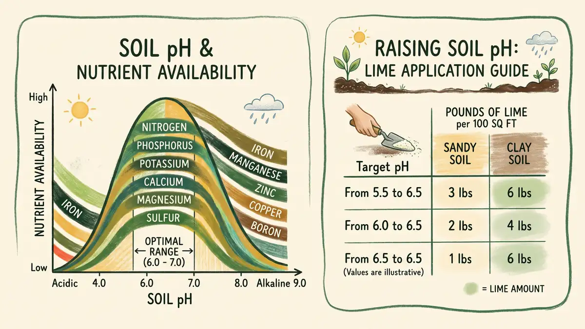 Infographic showing plant nutrient availability peaking at soil pH 6.0 to 7.0 and pounds of lime per 100 square feet by soil texture