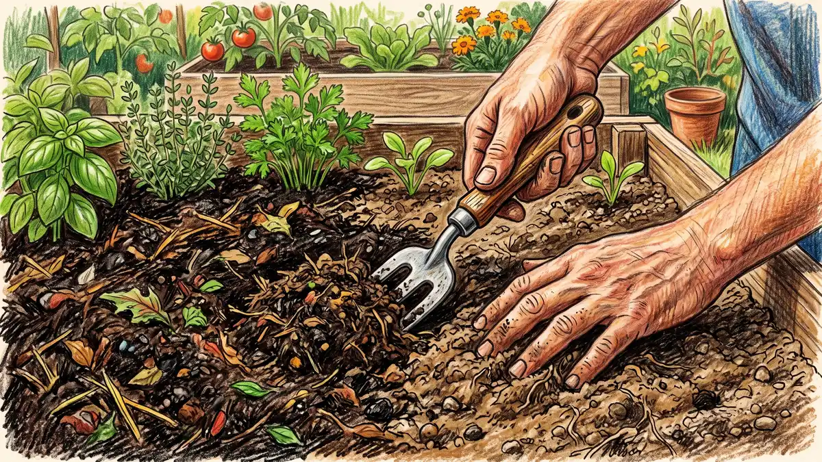 A gardener's hands mixing dark homemade compost into the lighter soil of a garden bed with a hand fork showing compost used as a soil amendment