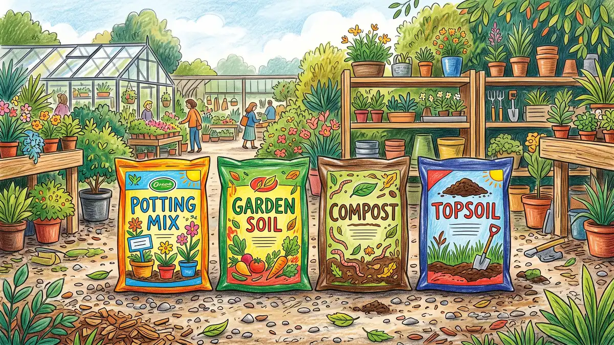 Four bags of garden products lined up on the ground labeled potting mix, garden soil, compost, and topsoil showing the different bagged products a gardener can buy