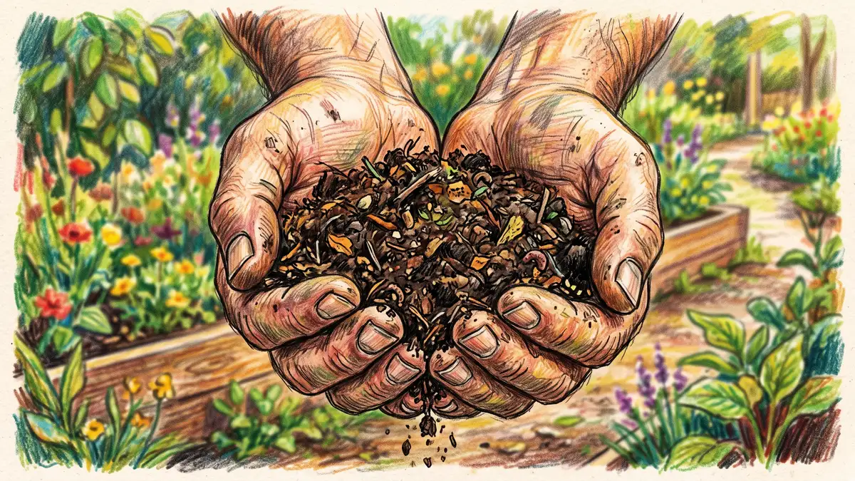 Close-up of two hands cupping dark, crumbly finished homemade compost full of rich organic matter