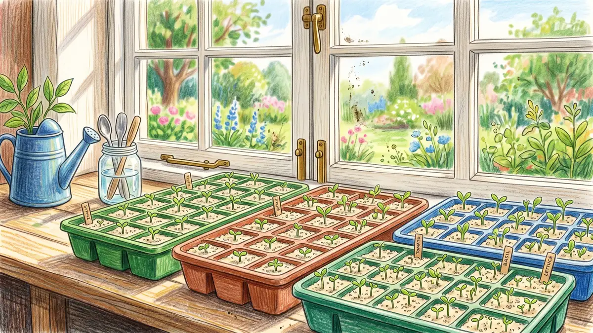 Seed-starting trays filled with fine light-colored sterile potting mix with tiny green seedlings emerging on a bright windowsill
