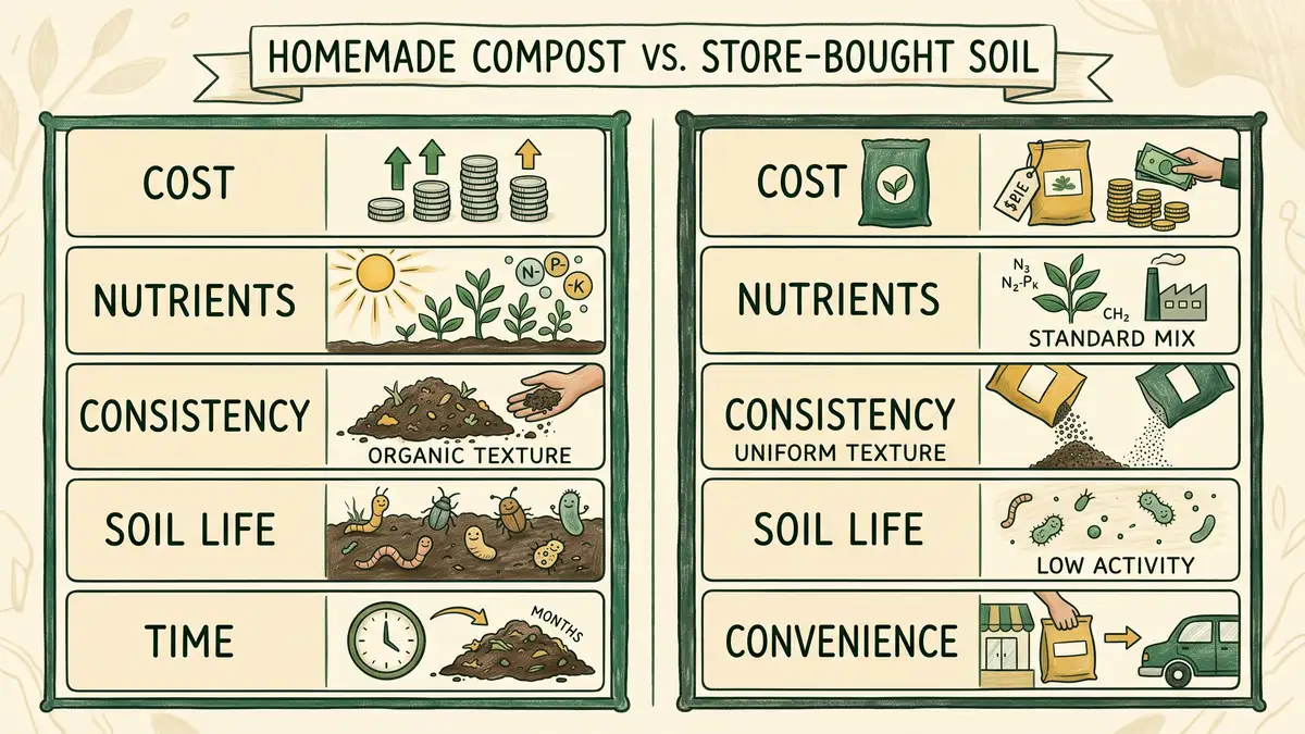 Comparison infographic of homemade compost versus store-bought soil across cost, nutrients, consistency, and soil life