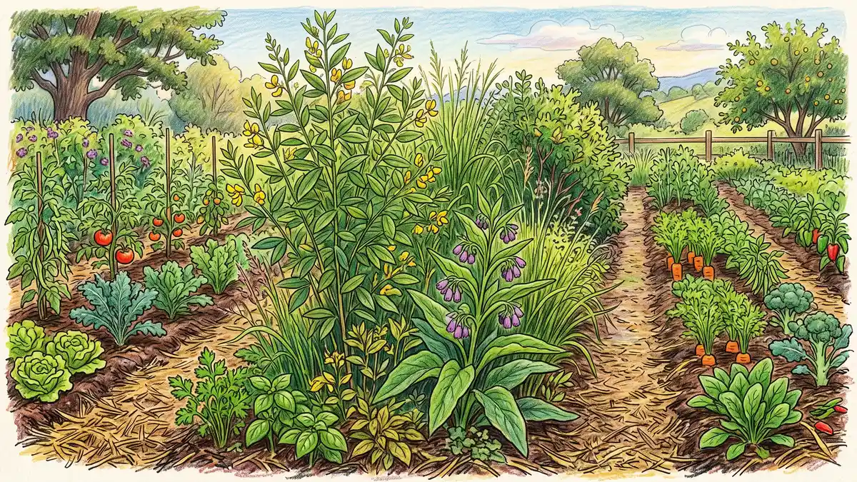 A dense strip of fast-growing biomass plants growing between two rows of vegetables illustrating a syntropic biomass corridor