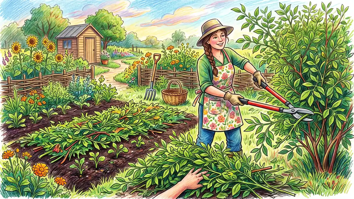 A gardener cutting leafy branches from a biomass shrub and laying them as chop-and-drop mulch over a garden bed
