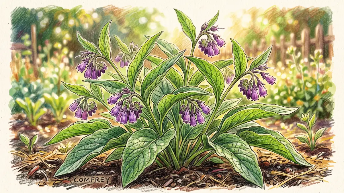 Close-up of a lush comfrey plant with large green leaves and purple flowers, a classic biomass and dynamic-accumulator plant