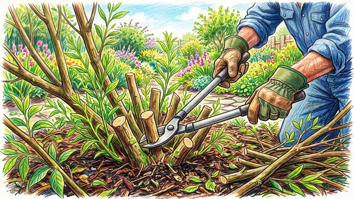 A gardener's hands coppicing a fast-growing biomass shrub, cutting the stems back low to stimulate regrowth