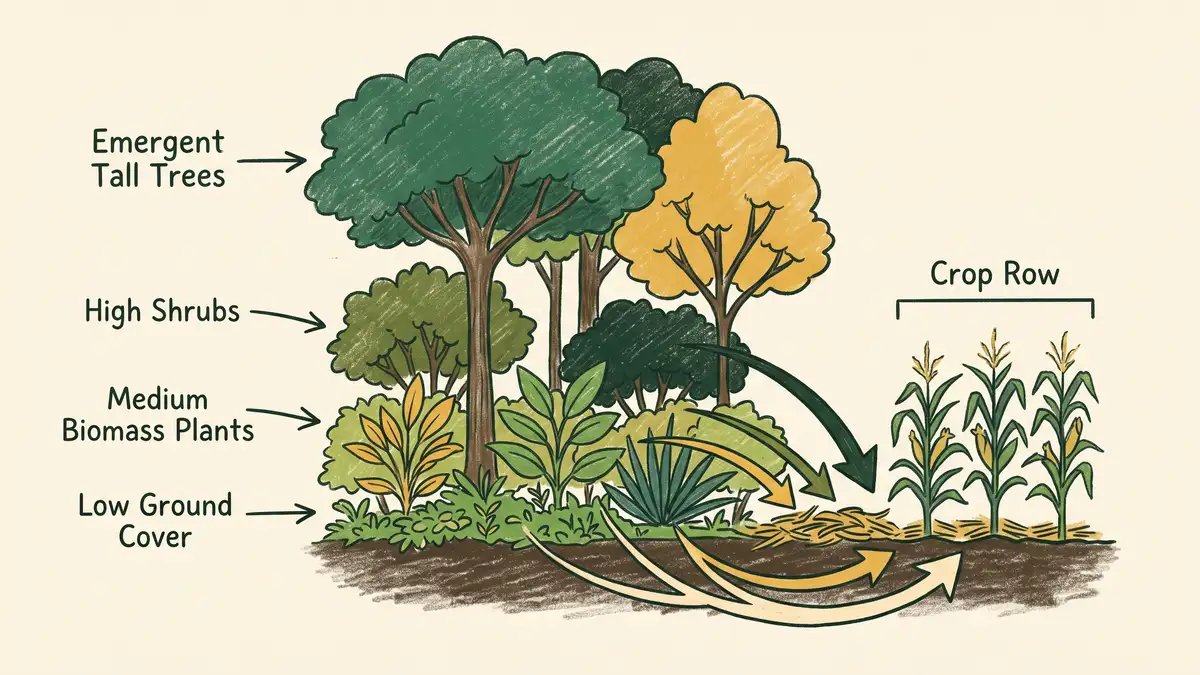 Cross-section infographic of a syntropic biomass corridor showing plant layers by height feeding a crop row with chop-and-drop mulch