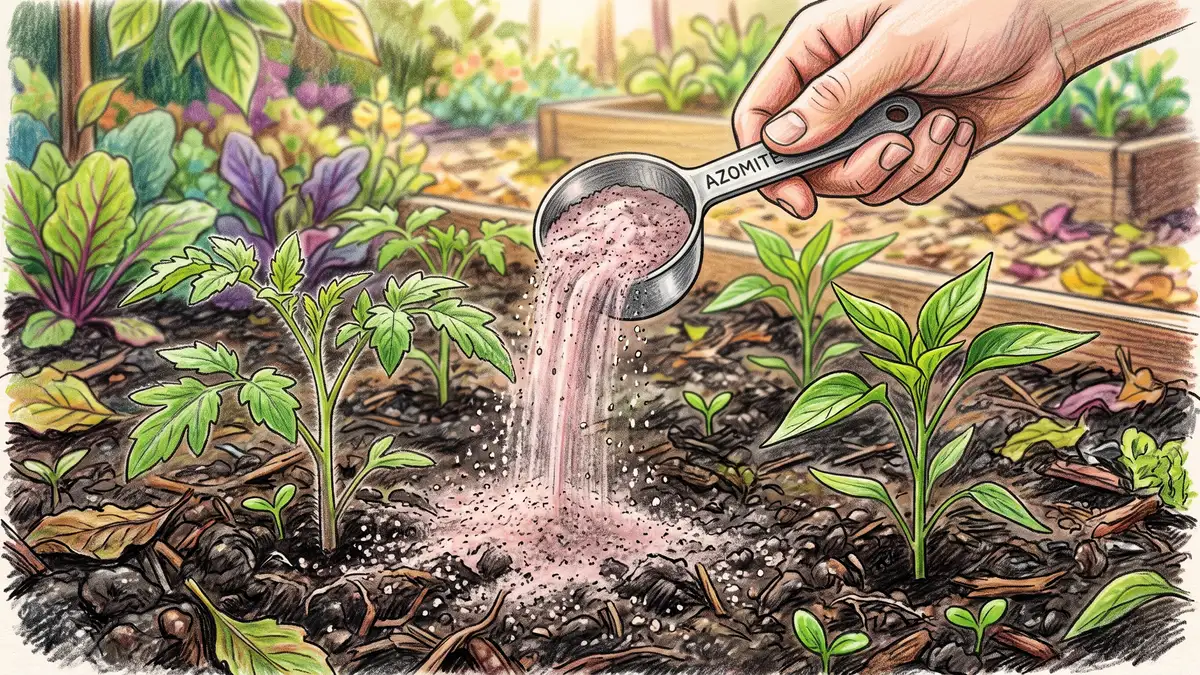 Fine pinkish-grey azomite volcanic rock dust being sprinkled from a measuring cup onto a garden bed around young tomato and pepper seedlings
