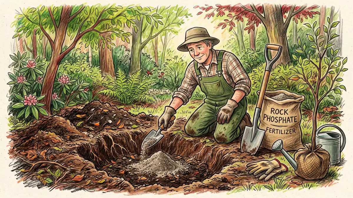 A gardener mixing greyish-brown soft rock phosphate powder into the bottom of a planting hole for a fruit tree with a burlap sack nearby